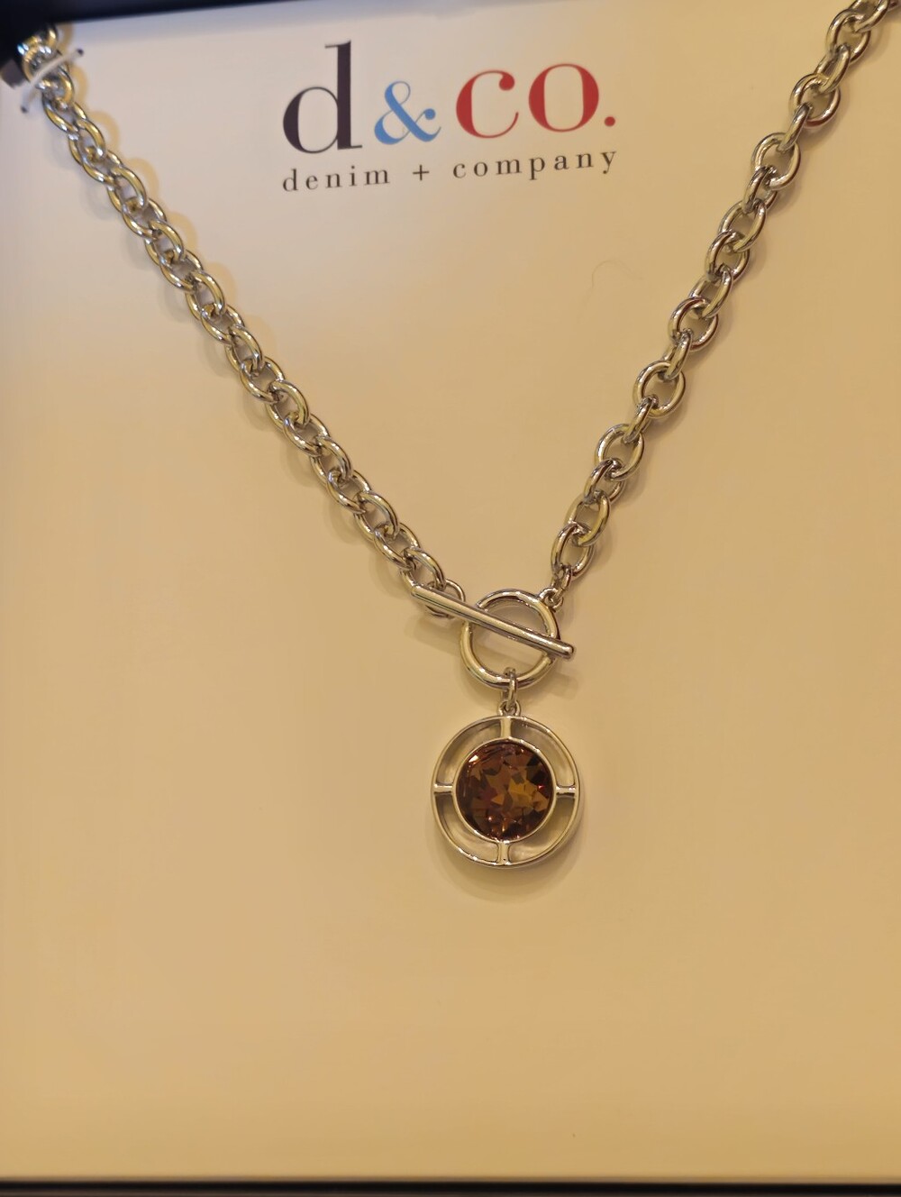 NIB Denim & Co. Silvertone Faux Toggle Circle Drop Statement Necklace